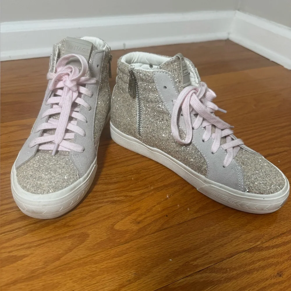 Vintage Havana Hailey High Washed Glitter Sneakers with Star Studs & Pink Laces - Picture 3 of 8